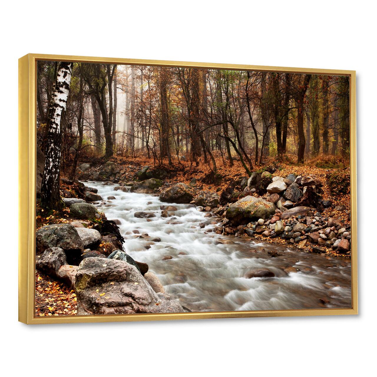 Designart - Stream in Autumn Forest - Landscape Photography Framed Canvas Art Print